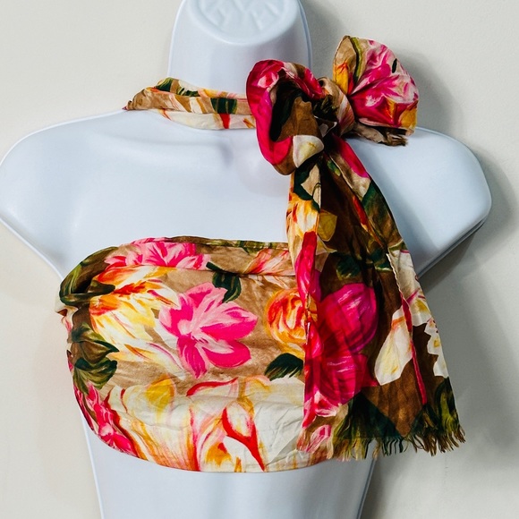 VINTAGE 80's Silk Floral Print Scarf w Fringe Edge - Picture 1 of 7